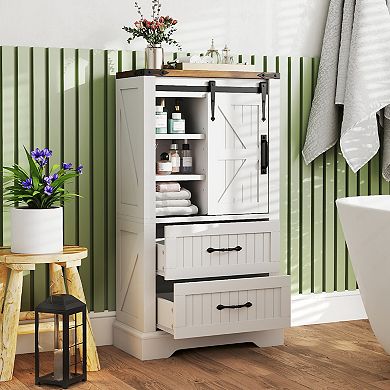 Gymax Farmhouse Bathroom Floor Cabinet w/Sliding Door Adjustable Shelves & 2 Drawers