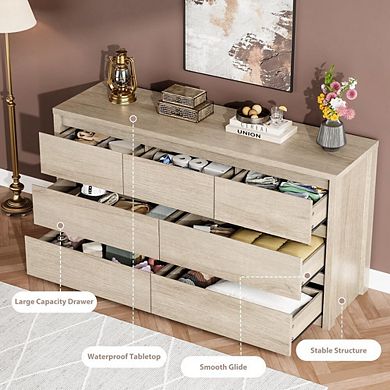 Modern Seven Drawer Dresser with Wide Wooden Storage