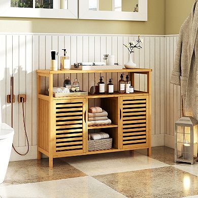 Gymax Bamboo Bathroom Cabinet 2-Door Storage Organizer w/ Shelves for Living Room