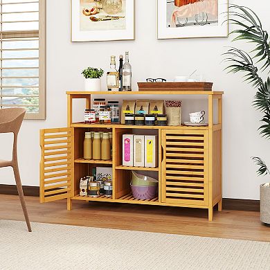 Gymax Bamboo Bathroom Cabinet 2-Door Storage Organizer w/ Shelves for Living Room