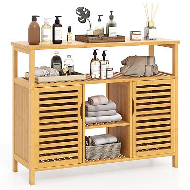 Gymax Bamboo Bathroom Cabinet 2-Door Storage Organizer w/ Shelves for Living Room