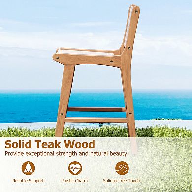 Gymax Outdoor Counter Height Bar Stool w/Teak Wood Frame Back & Footrest for Balcony