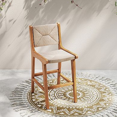 Gymax Outdoor Counter Height Bar Stool w/Teak Wood Frame Back & Footrest for Balcony