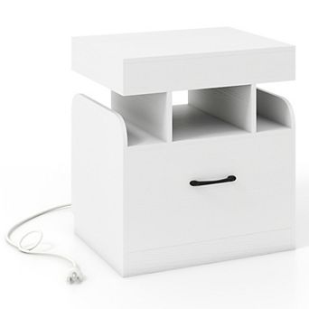 Gymax Nightstand w/ Charging Station Drawer & Sliding Top Storage Tray Open Shelves White