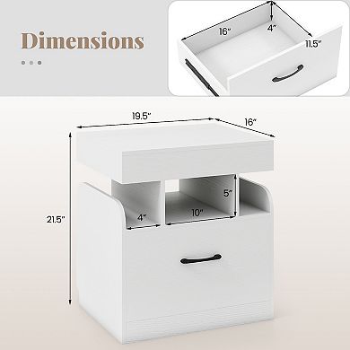 Gymax Nightstand w/ Charging Station Drawer & Sliding Top Storage Tray Open Shelves White