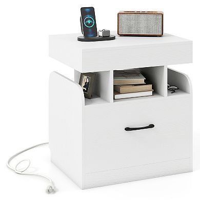 Gymax Nightstand w/ Charging Station Drawer & Sliding Top Storage Tray Open Shelves White