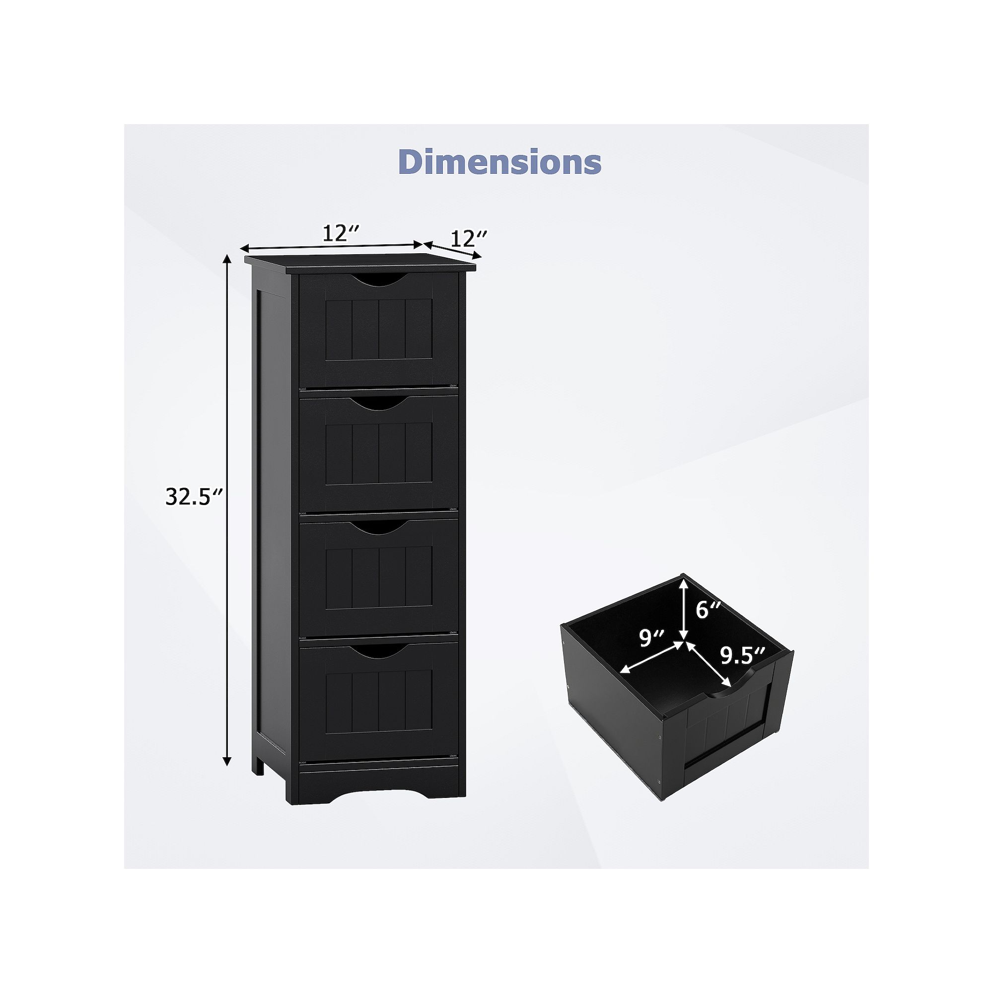 Bathroom cabinet dimensions diagram showing 32.5 in height and 12 in width