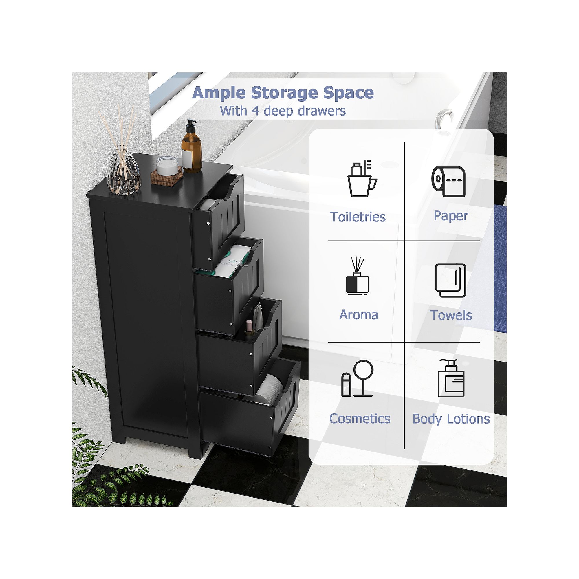 Bathroom cabinet infographic highlighting ample storage with four deep drawers