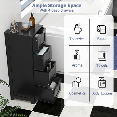 Gymax Bathroom Floor Cabinet Freestanding Narrow Side Storage Organizer w/ 4 Drawers