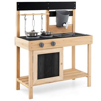 Gymax Mud Kitchen Playset Outdoor Kids Pretend Play Kitchen w/2 Removable Sinks Faucet Natural
