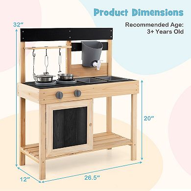 Gymax Mud Kitchen Playset Outdoor Kids Pretend Play Kitchen w/2 Removable Sinks Faucet Natural