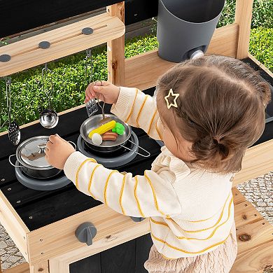 Gymax Mud Kitchen Playset Outdoor Kids Pretend Play Kitchen w/2 Removable Sinks Faucet Natural