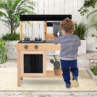 Gymax Mud Kitchen Playset Outdoor Kids Pretend Play Kitchen w/2 Removable Sinks Faucet Natural