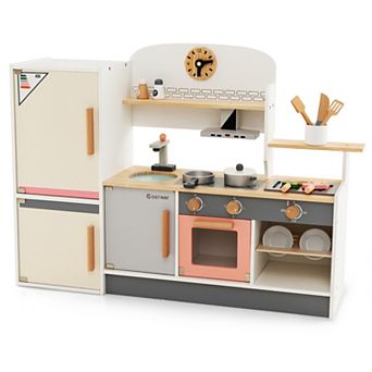 Gymax Kids Chef Play Kitchen Set Toddlers Wooden Pretend Toy Playset w/ Range Hood