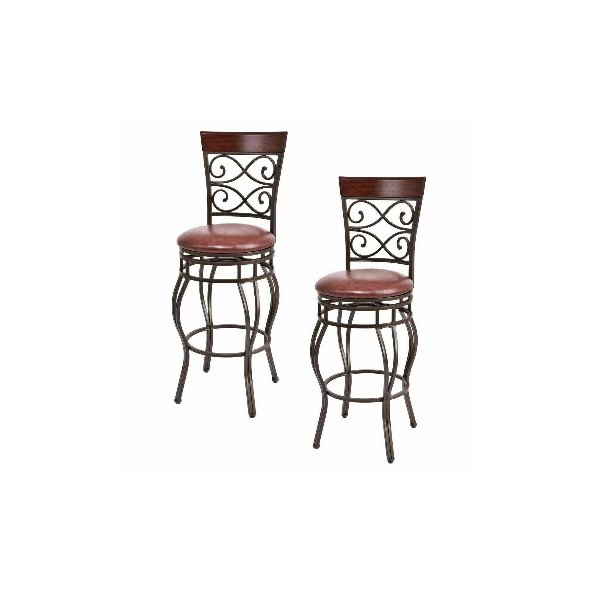 Two retro swivel bar stools with padded brown seats and decorative metal backs