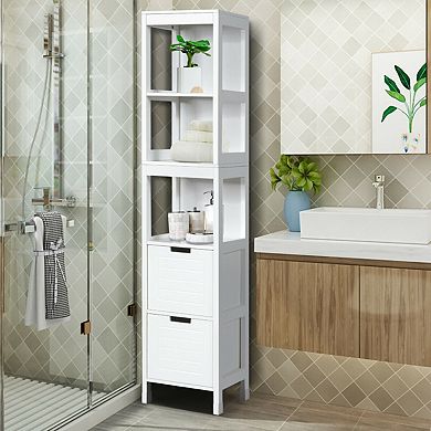Gymax Bathroom Floor Cabinet Multifunctional Storage Organizer 5Tier Shelves&2 Drawers