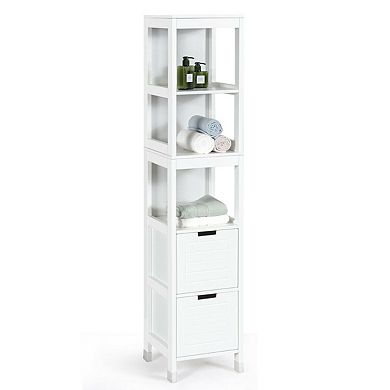 Gymax Bathroom Floor Cabinet Multifunctional Storage Organizer 5Tier Shelves&2 Drawers