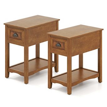 Gymax Set of 2 Contemporary Side End Table Compact Table w/ Drawer Nightstand Tawny