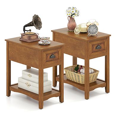 Gymax Set of 2 Contemporary Side End Table Compact Table w/ Drawer Nightstand Tawny