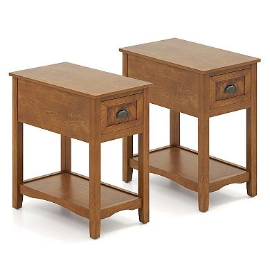 Gymax Set of 2 Contemporary Side End Table Compact Table w/ Drawer Nightstand Tawny