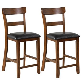 Gymax Set of 2 Barstools Counter Height Chairs w/Leather Seat & Rubber Wood Legs