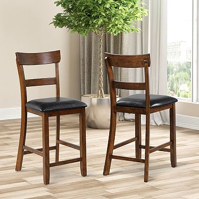 Gymax Set of 2 Barstools Counter Height Chairs w/Leather Seat & Rubber Wood Legs