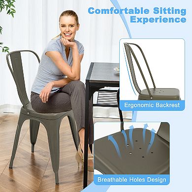 Gymax Metal Dining Chair High Back Bar Stools Set of 4 w/ X-shaped Frame Breathable Holes