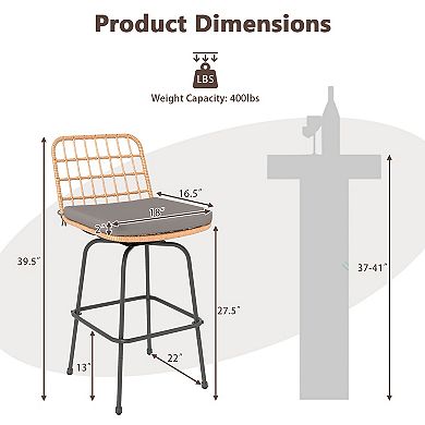 Gymax Patio 360° Swivel Bar Stools Set of 2 w/Backrests & Footrests Soft Seat Cushions
