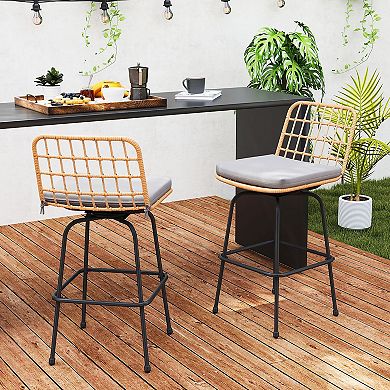 Gymax Patio 360° Swivel Bar Stools Set of 2 w/Backrests & Footrests Soft Seat Cushions