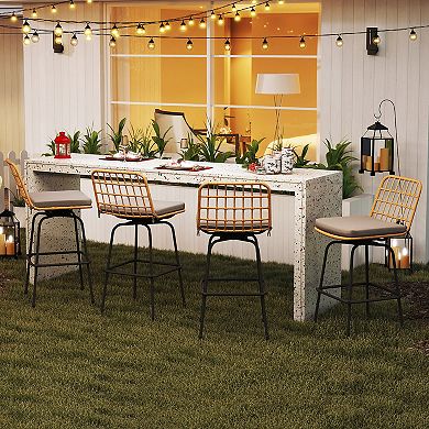 Gymax Patio 360° Swivel Bar Stools Set of 2 w/Backrests & Footrests Soft Seat Cushions