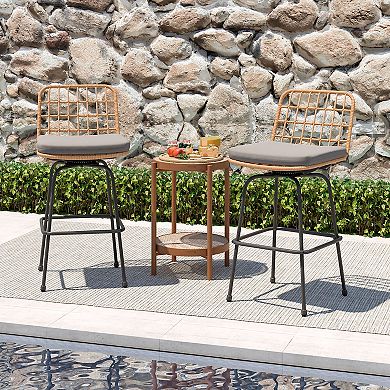 Gymax Patio 360° Swivel Bar Stools Set of 2 w/Backrests & Footrests Soft Seat Cushions