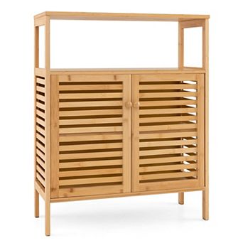 Gymax Bathroom Floor Cabinet Freestanding Bamboo Storage Organizer w/ Double Shutter Doors
