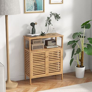 Gymax Bathroom Floor Cabinet Freestanding Bamboo Storage Organizer w/ Double Shutter Doors
