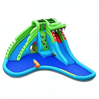 Gymax Crocodile Inflatable Water Slide Park Kids Bounce House w/ Dual Slides Without Blower