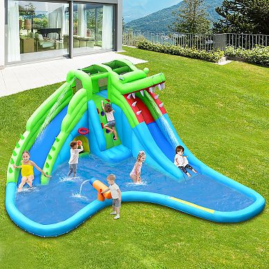 Gymax Crocodile Inflatable Water Slide Park Kids Bounce House w/ Dual Slides Without Blower