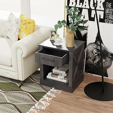 Gymax Nightstand with Drawer and Shelf Rustic Wooden Bedside Table Bedroom Black
