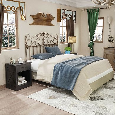 Gymax Nightstand with Drawer and Shelf Rustic Wooden Bedside Table Bedroom Black