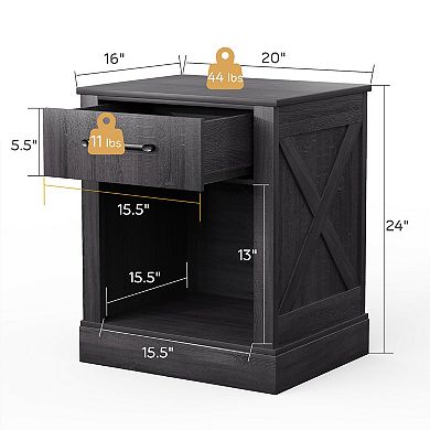 Gymax Nightstand with Drawer and Shelf Rustic Wooden Bedside Table Bedroom Black