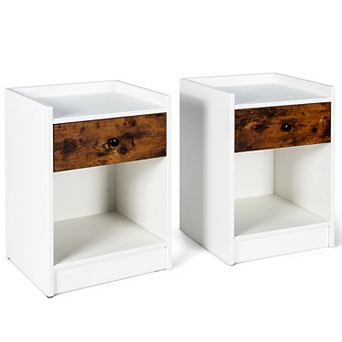Gymax Set of 2 Nightstand with Drawer Cabinet End Side Table Raised Top White