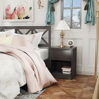 Gymax Nightstand with Drawer Storage Shelf Wooden End Side Table Bedroom Black