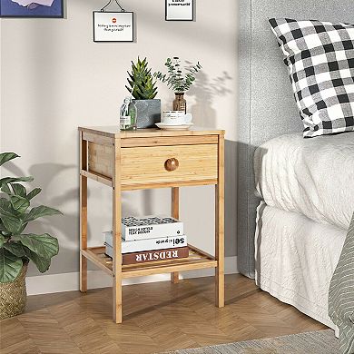 Gymax Bamboo Nightstand Natural Side End Table w/Drawer for Living Room Bedroom