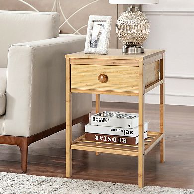 Gymax Bamboo Nightstand Natural Side End Table w/Drawer for Living Room Bedroom