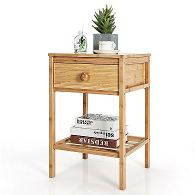 Gymax Bamboo Nightstand Natural Side End Table w/Drawer for Living Room Bedroom