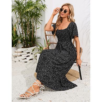 Women's Floral Elegant Square Neck Ruffle Hem Maxi Dress