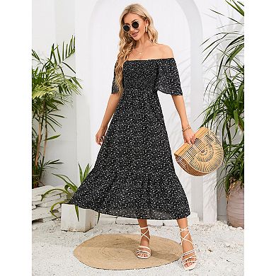 Women's Floral Elegant Square Neck Ruffle Hem Maxi Dress
