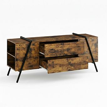 Modern TV Stand w/2 Drawers,Adjustable Shelves,U-Shaped Metal Legs, Farmhouse Entertainment Center