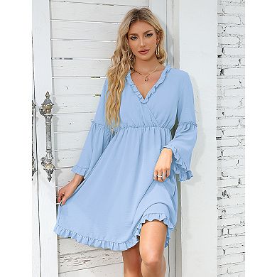 Women Bell Sleeve Ruffled Trim V Neck Dress