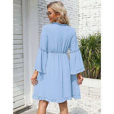 Women Bell Sleeve Ruffled Trim V Neck Dress