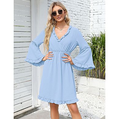 Women Bell Sleeve Ruffled Trim V Neck Dress