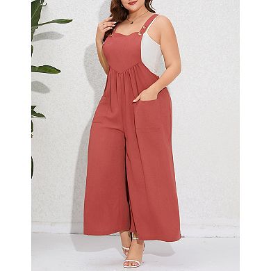 Women's Plus Size Overalls Wide Leg Adjustable Spaghetti Strap Stretchy Long Pants with Pockets
